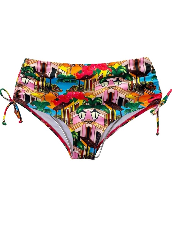 NWT Sporlike Tropical Town Print Bikini Set Ruffle Top High Waist Bottom Small - Picture 8 of 14